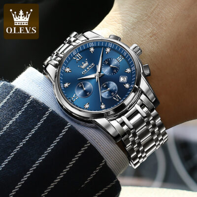 OLEVS 2858 Herrenuhr – Business Multifunktions-Quarzuhr mit mehreren Zeitzonen blau-silber