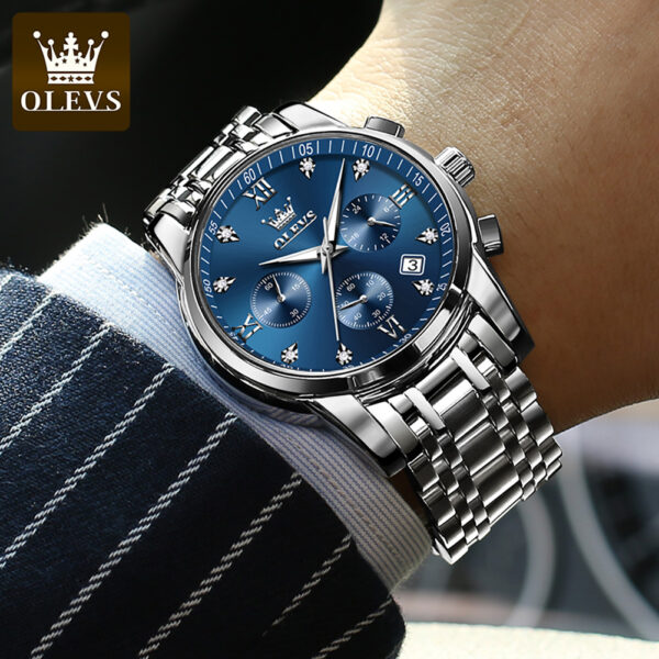 OLEVS 2858 Herrenuhr – Business Multifunktions-Quarzuhr mit mehreren Zeitzonen blau-silber