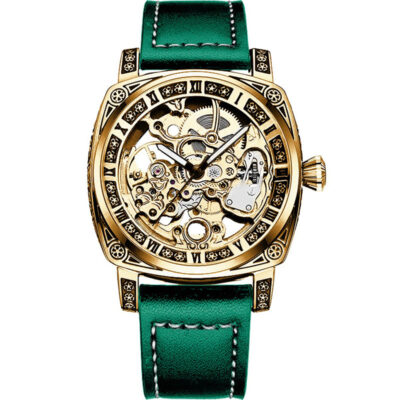 Mechanische Herrenuhr mit Gelb-Grünem PU-Lederarmband: Eleganz im Antiken Römischen Stil