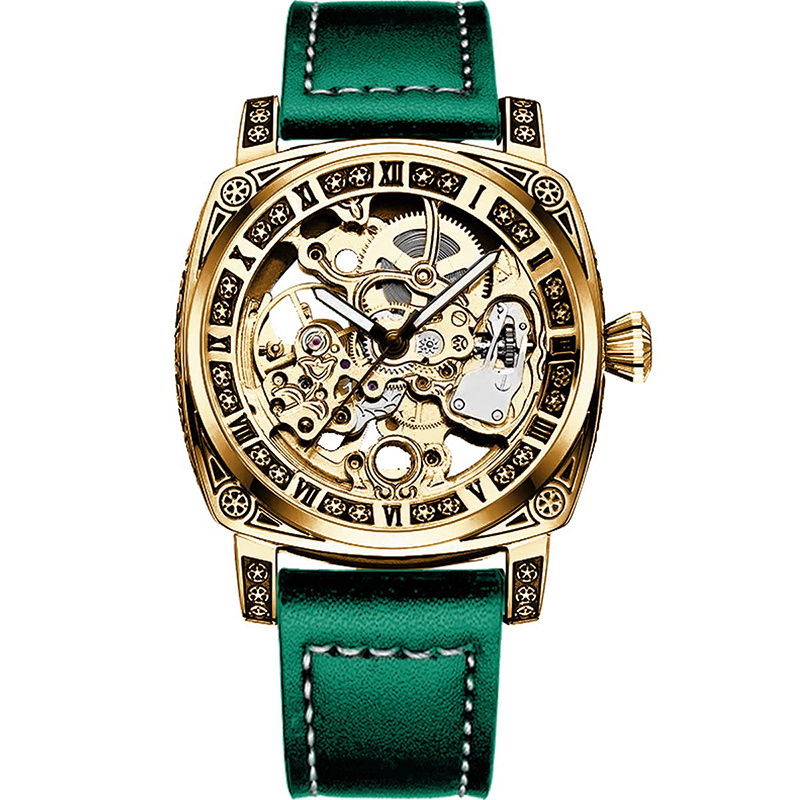 Mechanische Herrenuhr mit Gelb-Grünem PU-Lederarmband: Eleganz im Antiken Römischen Stil