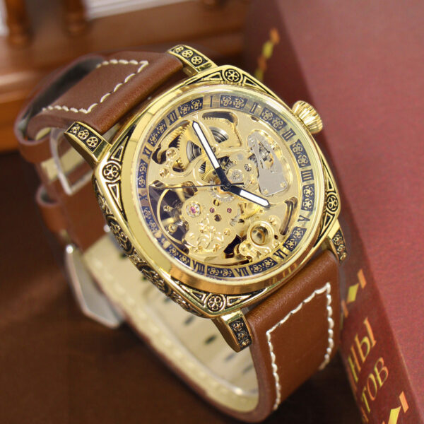 Mechanische Herrenuhr mit Gelb-Braunem PU-Lederarmband: Eleganz und Leuchtkraft – Bild 9