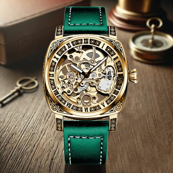 Mechanische Herrenuhr mit Gelb-Grünem PU-Lederarmband: Eleganz im Antiken Römischen Stil – Bild 7