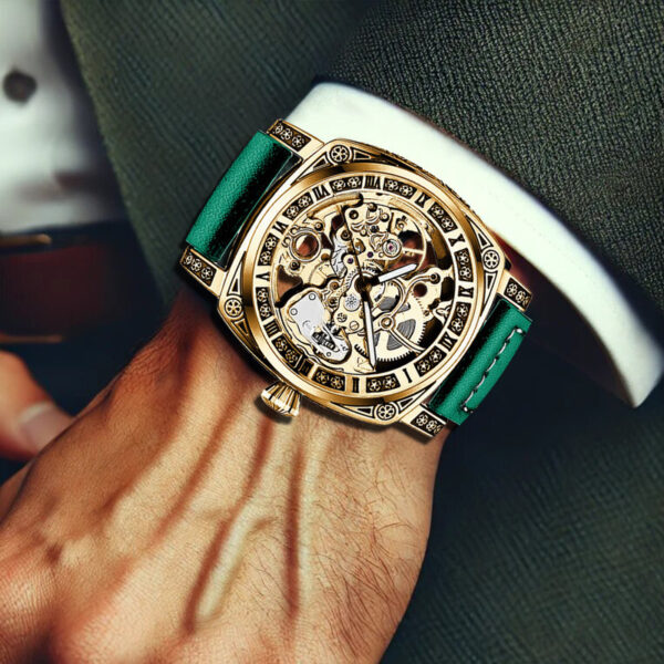 Mechanische Herrenuhr mit Gelb-Grünem PU-Lederarmband: Eleganz im Antiken Römischen Stil – Bild 17