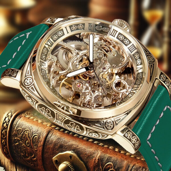 Mechanische Herrenuhr mit Gelb-Grünem PU-Lederarmband: Eleganz im Antiken Römischen Stil – Bild 8