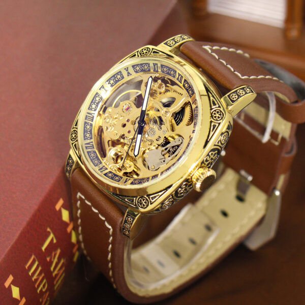 Mechanische Herrenuhr mit Gelb-Braunem PU-Lederarmband: Eleganz und Leuchtkraft – Bild 7
