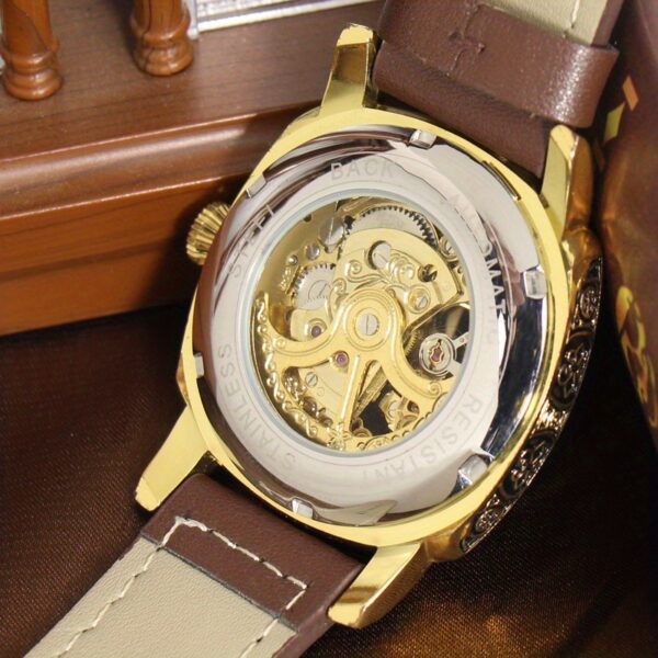 Mechanische Herrenuhr mit Gelb-Braunem PU-Lederarmband: Eleganz und Leuchtkraft – Bild 10