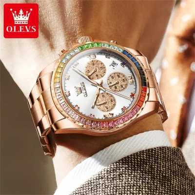 OLEVS 2939 Herren Sportuhr – Modisch mit Regenbogen-Diamanten & Wasserdichtem Quarzwerk