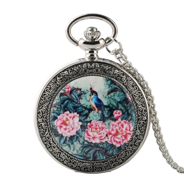 YISUYA Top Luxus Silber Taschenuhr: Lebendiger Vogel im Baum mit exquisiten Blumenmustern