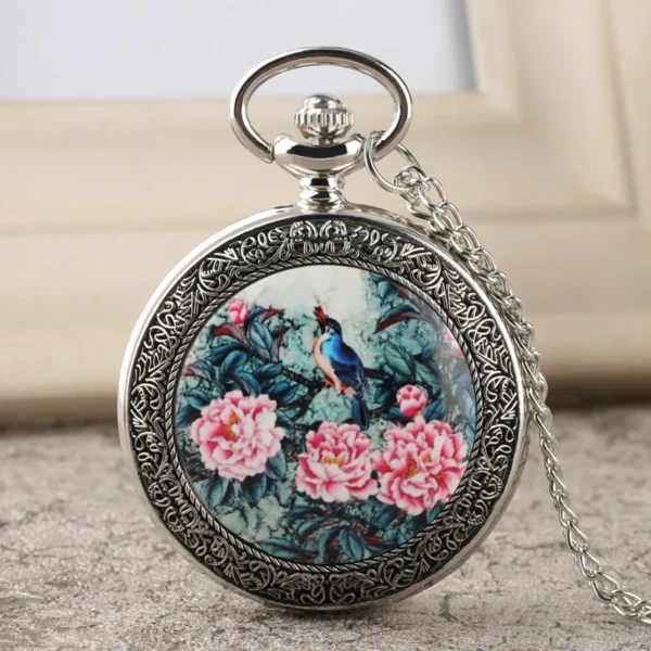 YISUYA Top Luxus Silber Taschenuhr: Lebendiger Vogel im Baum mit exquisiten Blumenmustern – Bild 7