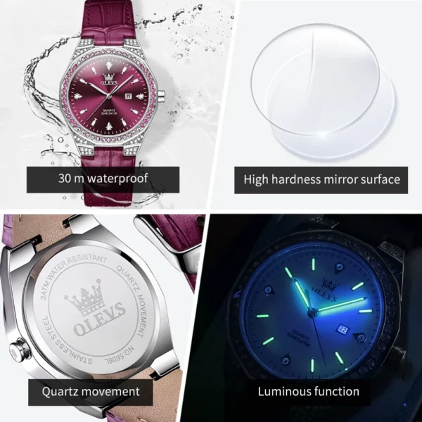 OLEVS Original Damenuhr – Diamant-Lünette, Lederarmband und Leuchtfunktion – Bild 5