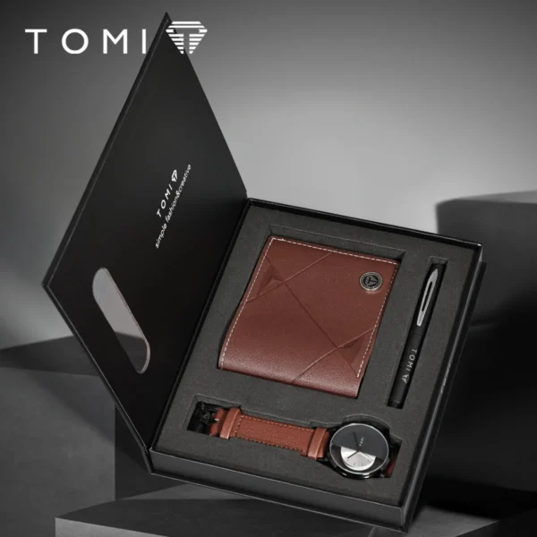 TOMI 3er-Set Luxus Business Geschenkbox – Herrenuhr, Geldbörse & Stift