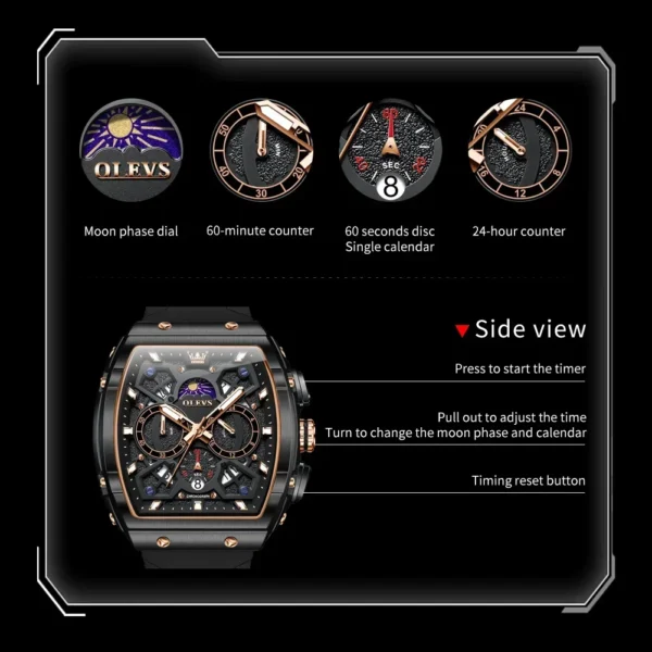 OLEVS 2942 Herrenuhr–Top Luxus Tonneau Quarz-Uhr mit Mondphase-Chronograph – Bild 3