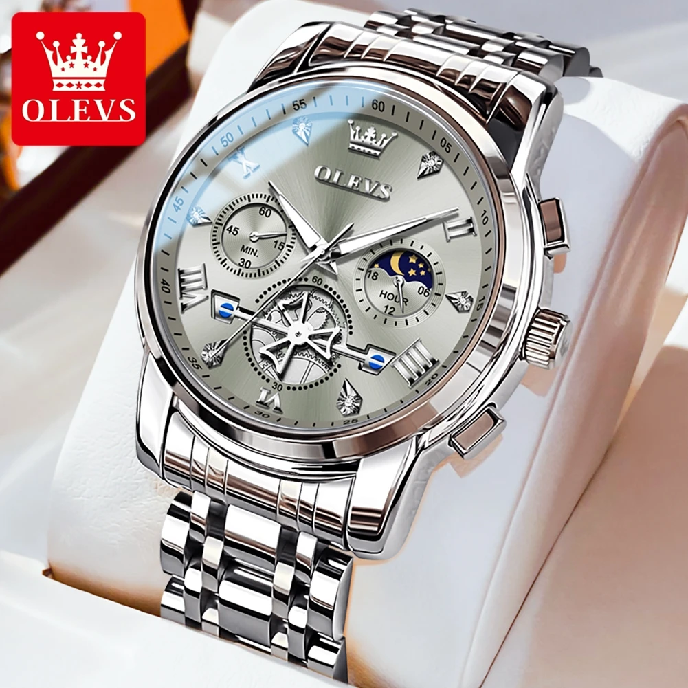 OLEVS 2856 Herrenuhr–Klassisch Multifunktional mit Mondphase-Chronograph