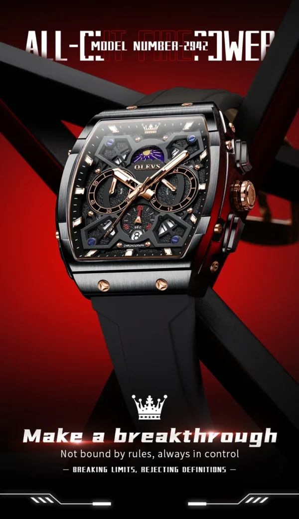 OLEVS 2942 Herrenuhr–Top Luxus Tonneau Quarz-Uhr mit Mondphase-Chronograph – Bild 12