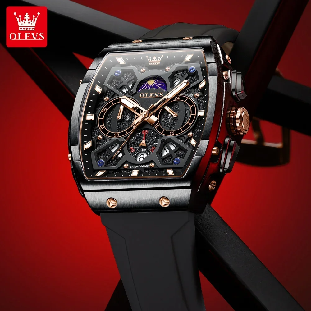 OLEVS 2942 Herrenuhr–Top Luxus Tonneau Quarz-Uhr mit Mondphase-Chronograph