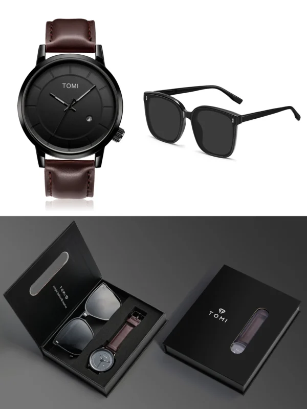 TOMI 2er-Set Herrenuhr & Brille – Casual Fashion Geschenkbox mit großem Zifferblatt – Bild 8