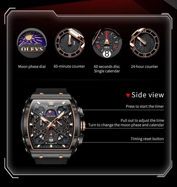 OLEVS 2942 Herrenuhr–Top Luxus Tonneau Quarz-Uhr mit Mondphase-Chronograph – Bild 17