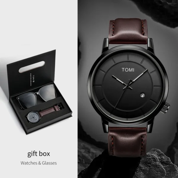 TOMI 2er-Set Herrenuhr & Brille – Casual Fashion Geschenkbox mit großem Zifferblatt – Bild 7