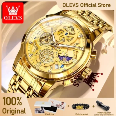 OLEVS 9947 Herrenuhr – Top Luxus Original Wasserdichte Quarz-Uhr im Gold-Skelett-Stil
