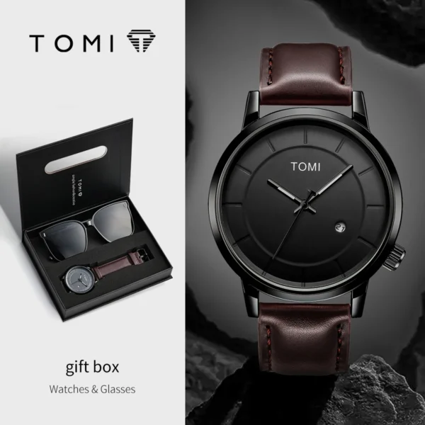 TOMI 2er-Set Herrenuhr & Brille – Casual Fashion Geschenkbox mit großem Zifferblatt