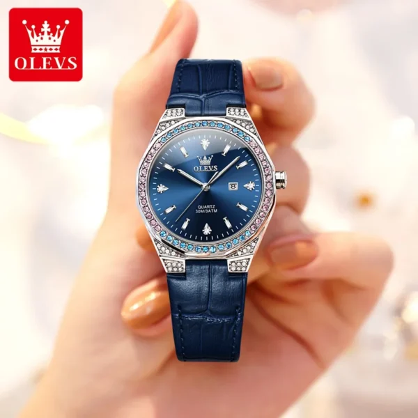 OLEVS Original Damenuhr – Diamant-Lünette, Lederarmband und Leuchtfunktion – Bild 3