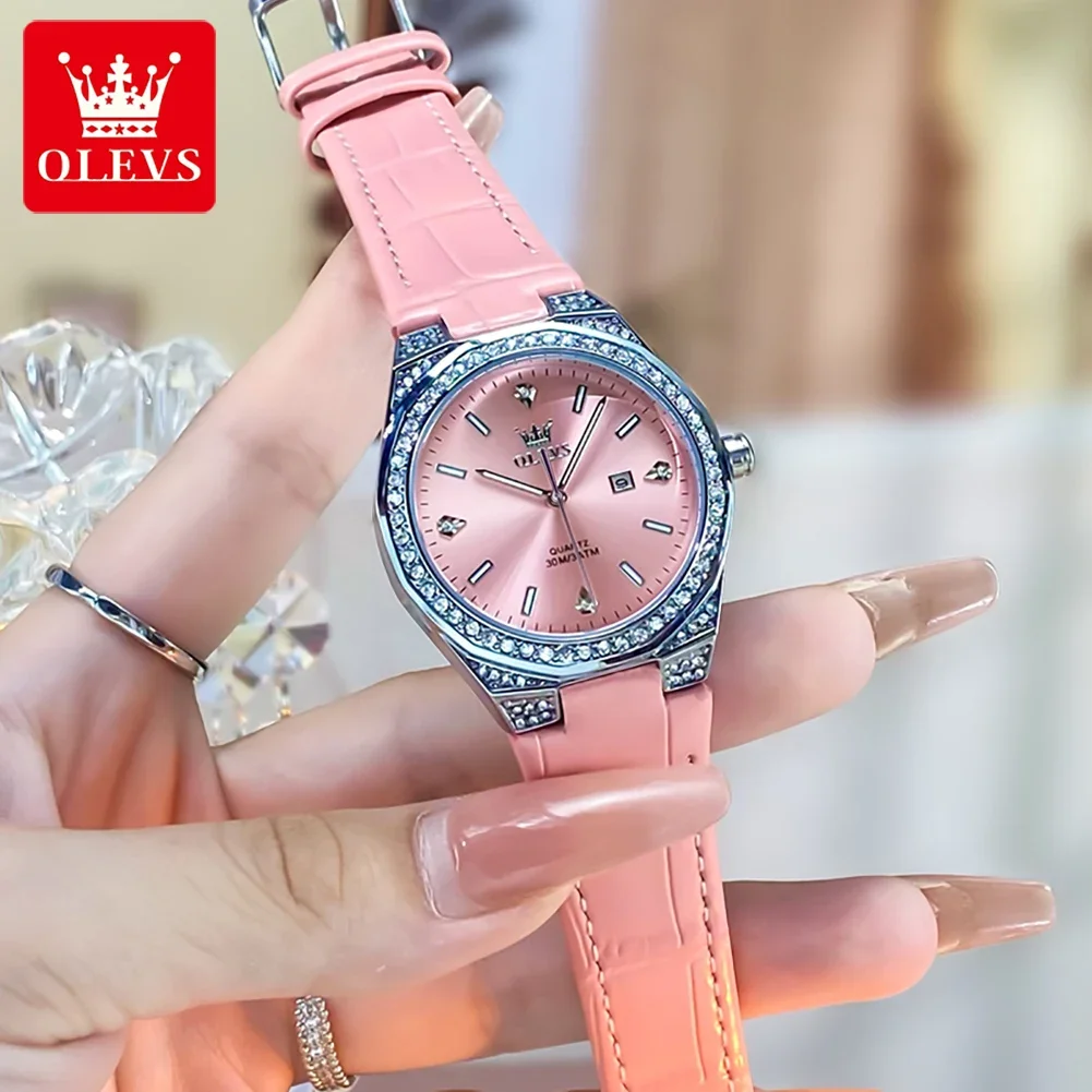 OLEVS Original Damenuhr – Diamant-Lünette, Lederarmband und Leuchtfunktion
