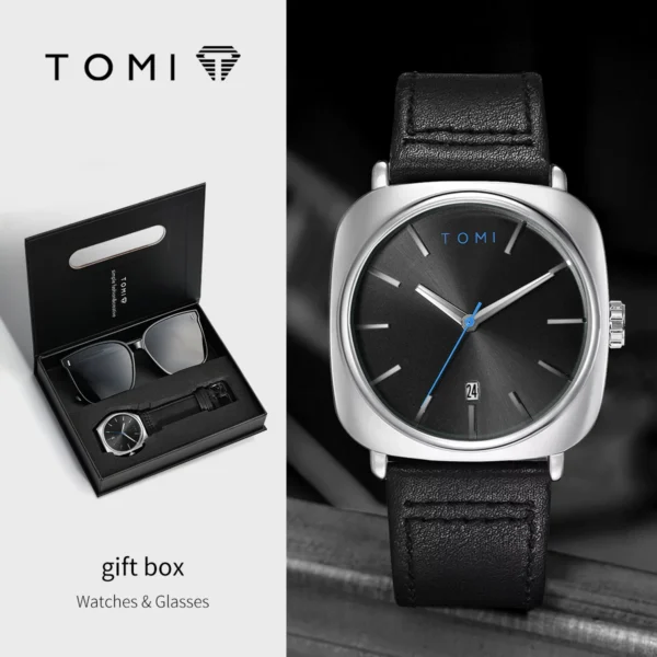 TOMI 2er-Set Herrenuhr & Brille – Klassisches Quadratisches Design im Geschenkset