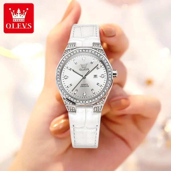 OLEVS Original Damenuhr – Diamant-Lünette, Lederarmband und Leuchtfunktion – Bild 7