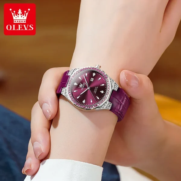 OLEVS Original Damenuhr – Diamant-Lünette, Lederarmband und Leuchtfunktion – Bild 6