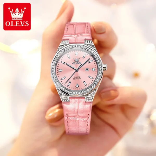 OLEVS Original Damenuhr – Diamant-Lünette, Lederarmband und Leuchtfunktion – Bild 9