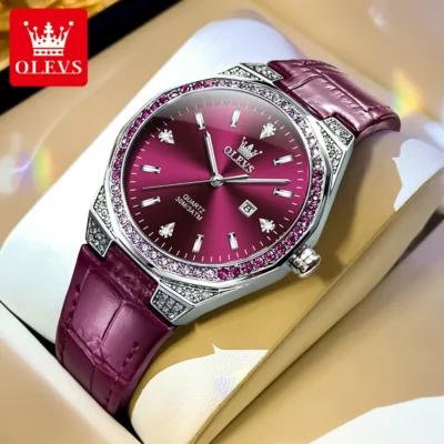 OLEVS Original Damenuhr – Diamant-Lünette, Lederarmband und Leuchtfunktion