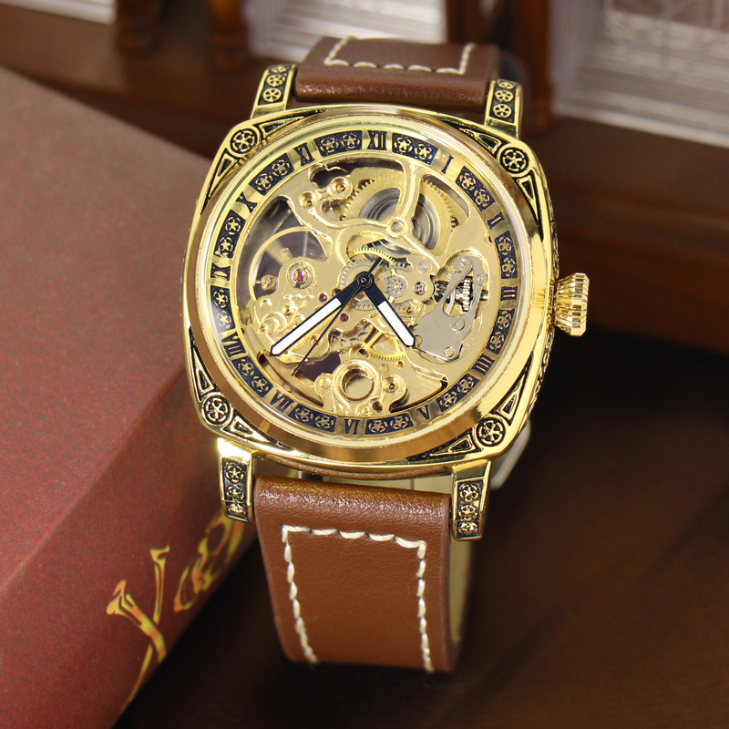 Mechanische Herrenuhr mit Gelb-Braunem PU-Lederarmband: Eleganz und Leuchtkraft