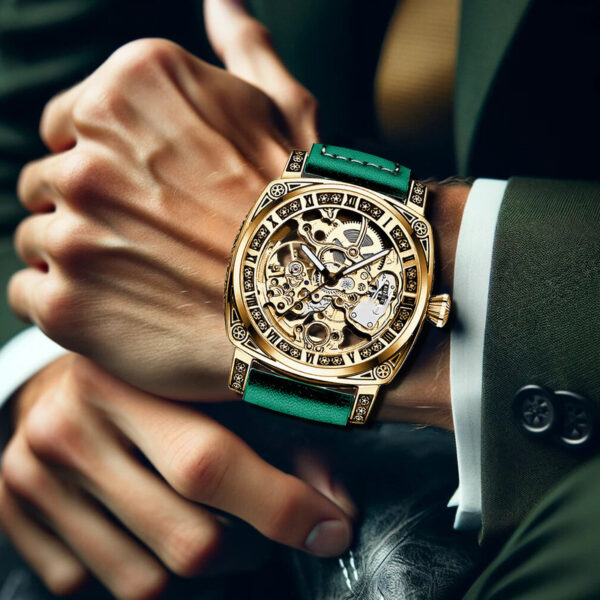 Mechanische Herrenuhr mit Gelb-Grünem PU-Lederarmband: Eleganz im Antiken Römischen Stil – Bild 9